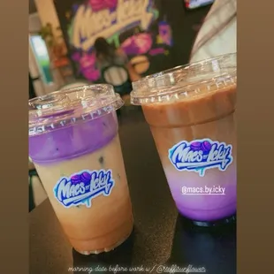(Left) Macnut latte w Ube soft top. (Right) Ube Latte
