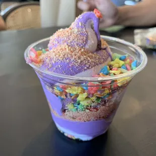 Ube Vanilla Swirl Soft Serve with Fruity Pebbles and Strawberry Crunch