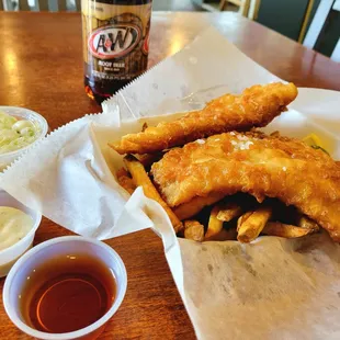 Two pieces of cod and a side of coleslaw. So tasty!