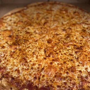 a cheese pizza in a box