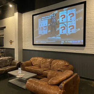 a room full of couches and a projector screen