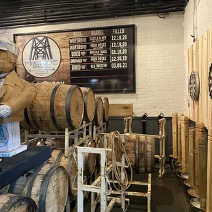 a row of wooden barrels