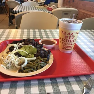 My rib plate with cole slaw and green beans.  Yummm