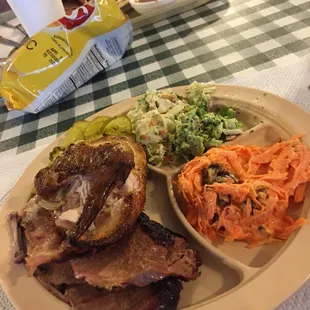 Senior Plate with two meats (chicken/brisket) and two sides (carrot salad /broccoli salad/bit of slaw to taste).