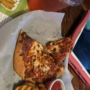 Kids cheese pizza fries and a Shirley Temple