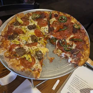 Half and half pizzas.
