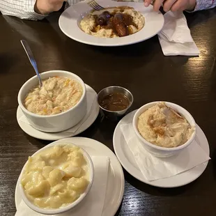 Scallion Mashed Potatoes, Mac and Cheese, chicken noodle soup, Bangers and Mash