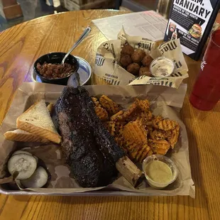 Beef Rib, Sweet Potato Fries Side, BBQ Beans Side, Hushpuppies
