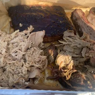 Ribs, brisket, pulled pork, pulled chicken.