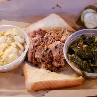 Small pulled pork platter ($13) comes with two sides. Try the delicious collard greens &amp; mac &apos;n&apos; cheese!