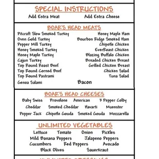Sandwich menu