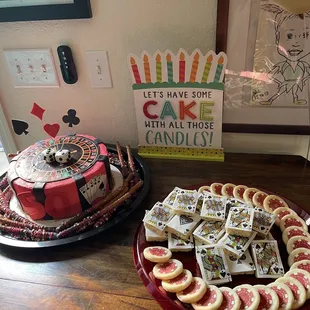Chocolate covered pretzel sticks, German Chocolate Cake, rice krispy treats and sugar cookies.