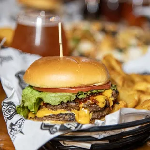 a cheeseburger and fries