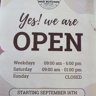 New Saturday hours starting 9/16/2023