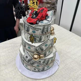 Birthday cake with 3 different flavors and toppings.