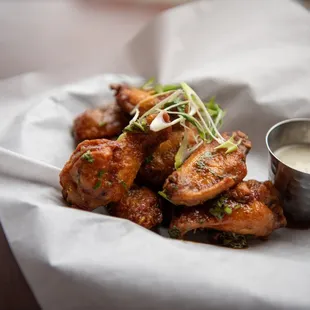 Chicken Wings, Hot Sauce, Honey Soy, Garlic Parm, Dry Ru