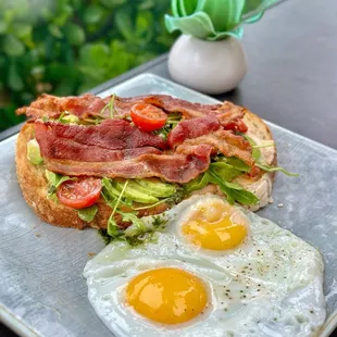 Avo Toast ($13)- w/2 eggs(6), &amp; 2 duck bacon(halal-2 slices $7) = delicious, but not worth $26
