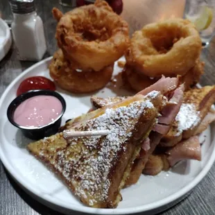 Monte Cristo with jumbo onion rings