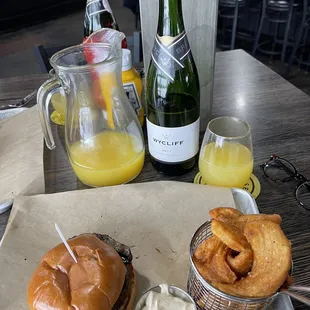 Bottle Mimosas and great burger!