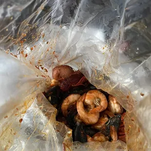 My customized seafood boil: headless shrimp, black mussels, and crawfish.