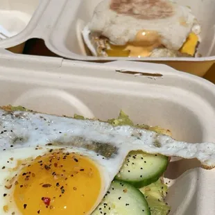 Avocado toast with egg and breakfast sandwich