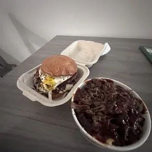 Brisket mac n cheese on the right Morning Star burger on the left