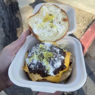 The Royal, smash burger patty, cheese, pickles, lettuce, mayo and mustard (my pic is bad but these burgers are  )