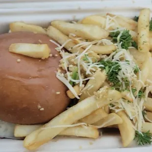Mushroom Smashburger and Garlic Fries