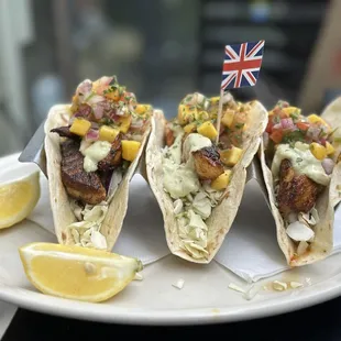 Blackened fish tacos with a mayo habanero pico