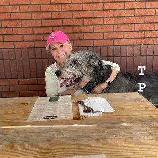 My sweet Irish Wolfhound at Mad Duck Patio.Staff &amp; patrons adore him!! Always welcome!!