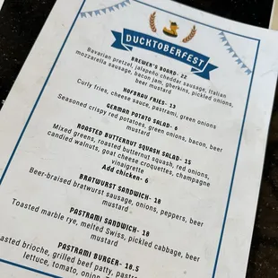 Ducktoberfest menu
