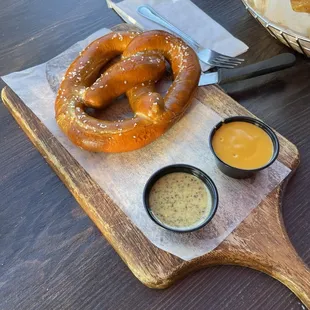 This was a soft pretzel with the side of beer cheese, and I forgot what the other sauce was overall one out of 10 a 10 for sure