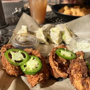 Fried Chicken &amp; Cheese Dumplings, and Original steamed Pork Dumplings.