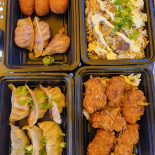 Mac n cheese, longanisa, vintage, vegan, fried chicken + hot chicken dumplings with pork belly fried rice