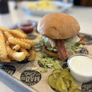 Crispy chicken sandwich and crinkle fries