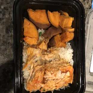 Salmon cauliflower rice and sweet potatoes