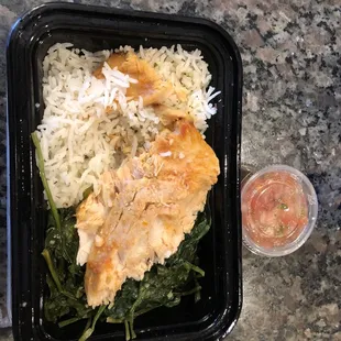 Salmon with cilantro rice and greens