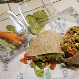 Ty Cobb as a wrap. Sub shitken with tofu. Spicy avocado hummus w/ carrots &amp; celery.