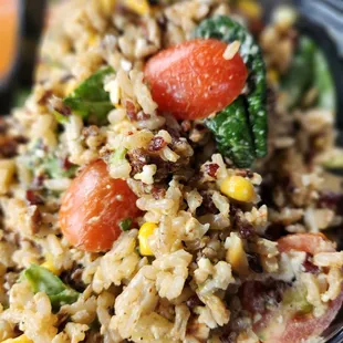Southwest Bowl - Wild Rice Blend, Chicken, Spinach, Roasted Corn, Avocado, Tomatoes, Cotija Cheese w/ Cilantro Chili Lime Dressing
