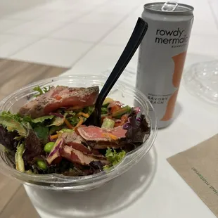 Seared ahi tuna salad with Rowdy Mermaid Kombucha.