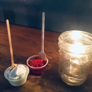 Frozen pistachio pudding shot, and Sailor Jerry Cherry Jell-O shot with pop rocks