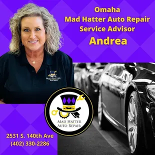 Omaha Mad Hatter Service Advisor Andrea ! Stop in and see her for all your car repair needs!