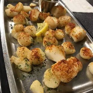 Scallops + with a side of captain taters (not pictured) also came with a side of slaw - $15.95