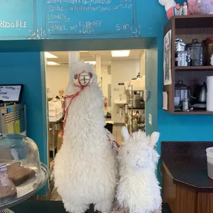 two stuffed llamas on a counter