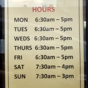 Current hours, updated December 2018