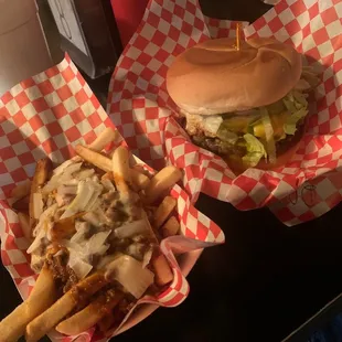 American Double with a Fried Egg and chili cheese fries.