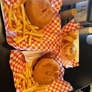 Hickory Burger w/ fries and a side of onion rings