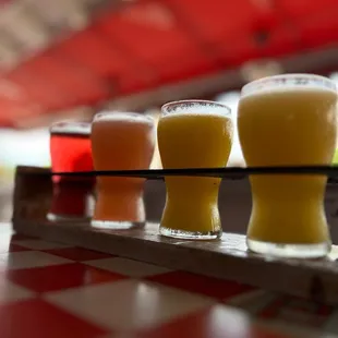a row of beer glasses