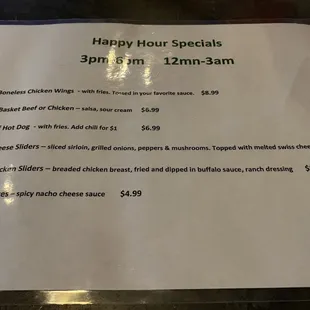 Menu - Happy Hour food (December 2022) 3p-6p and midnight-3a