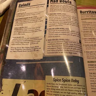 a menu for spice spice baby